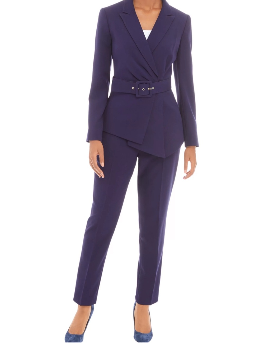 Tahari ASL Deep Navy Belted Wrap Blazer with Slim Trousers